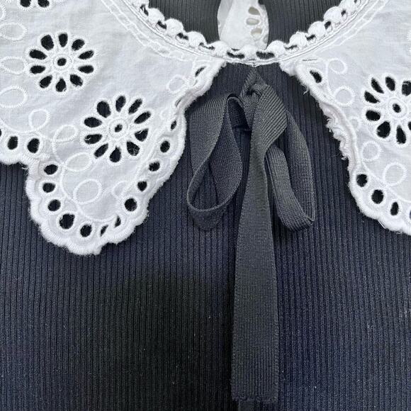 Zara black ribbed sweater with contrasting white embroidered collar size Small - Picture 8 of 10